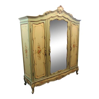 Italian 3 Door Carved & Paint Decorated Armoire For Sale