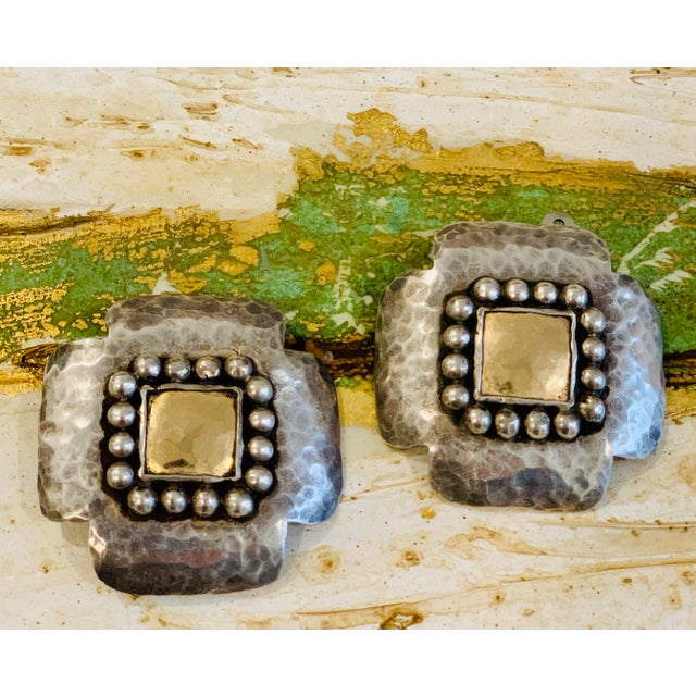 Early Vintage 1980’s Dian Malouf Oxidized Sterling Silver Hammered ‘Signature’ Earrings With a 14K Gold Center, a Beaded...