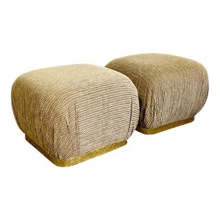 Postmodern Textured Brown Fabric Pouf Ottomans on Gold Base - a Pair For Sale