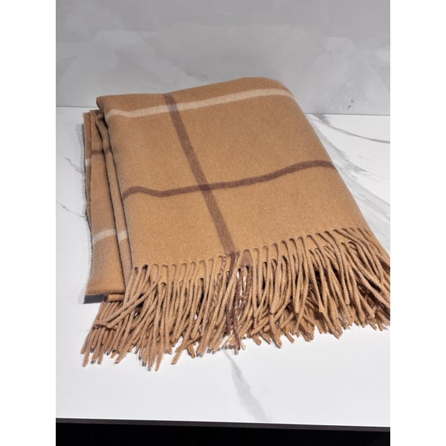 Camel-Colored Throw Blanket Featuring a Classic Large-Scale Plaid Pattern and Fringed Edges, Similar to the Window Pane Throw Blanket( Wool/ Cashmere) For Sale - Image 4 of 6