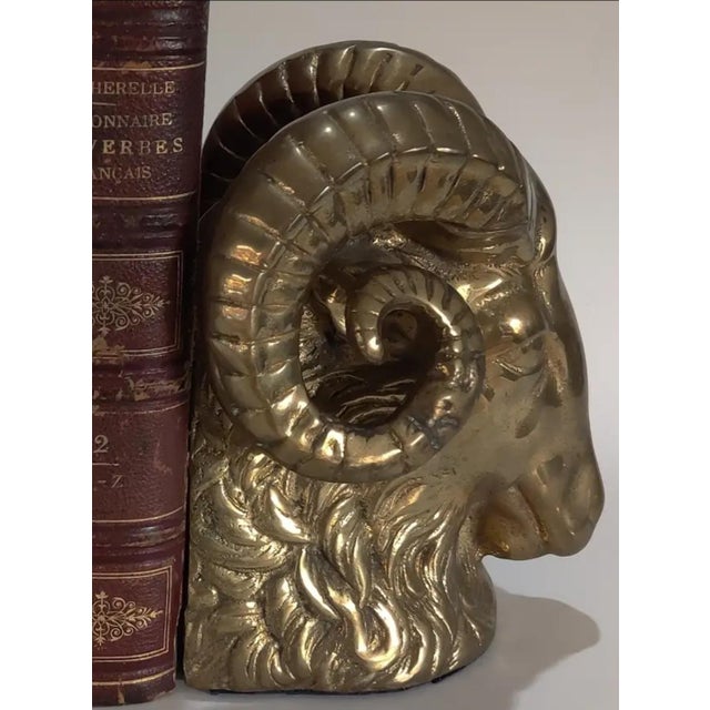 Metal Vintage Pair of Rare Brass Ram's Head Bookends For Sale - Image 7 of 10
