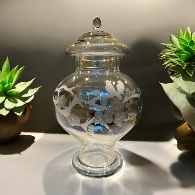 Transparent 1950s Glass Ginger Jar With Etched Cherry Blossom Birds Motif For Sale - Image 8 of 8