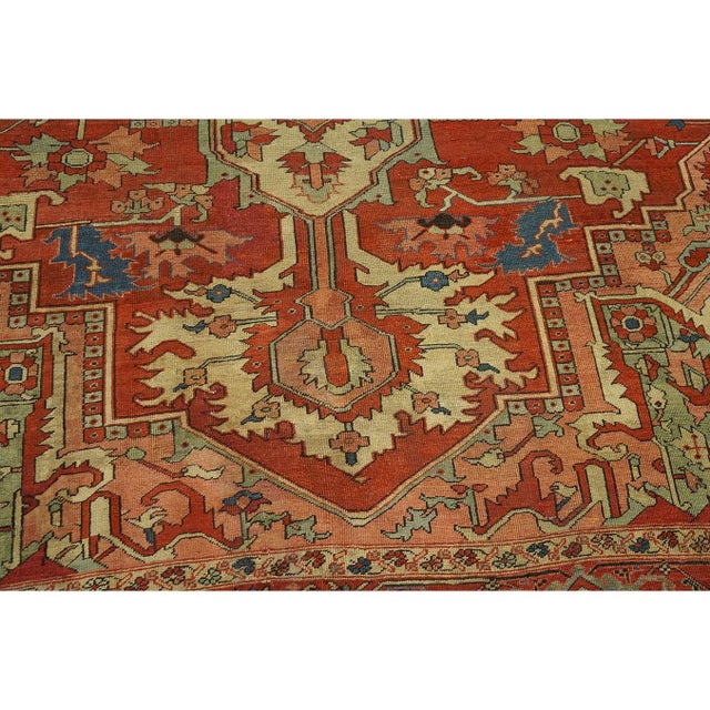 Red 1880s Coral Classic Geometric Heriz Design Medallion Antique Persian Serapi Rug For Sale - Image 8 of 10