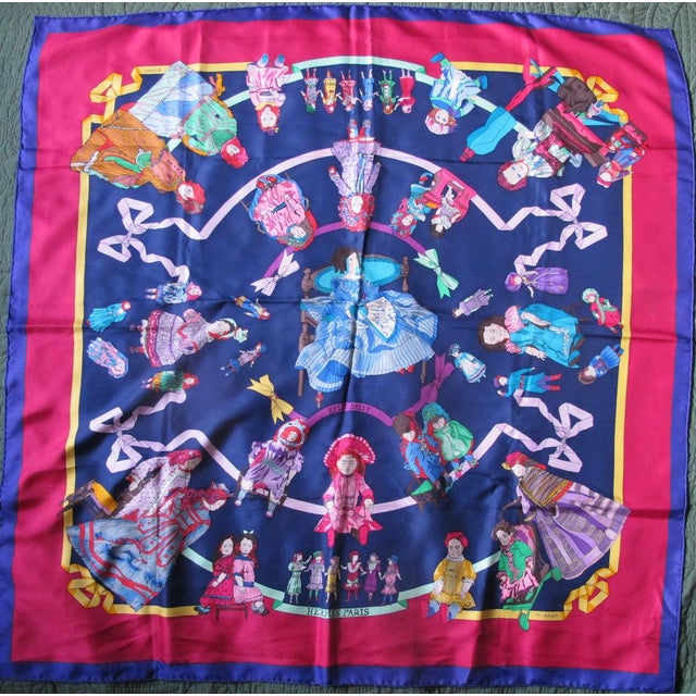 Gothic Hermes Paris Carre 90 Hello Dolly Dolls Print Blue Pink 100% Silk Scarf For Sale - Image 3 of 12