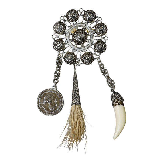 Vintage Bavarian Traditional Costume Jewelry Brooch With Hunting Pendants For Sale