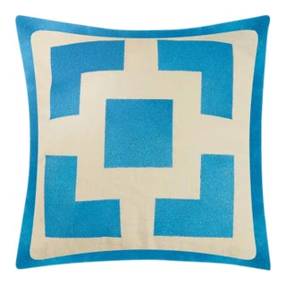 Palm Springs Block Caribbean Blue Embroidered Pillow, 20" x 20" For Sale