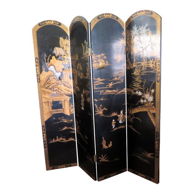 Early 20th Century Coromandel Black Lacquer Chinese 4 Panel Screen For Sale