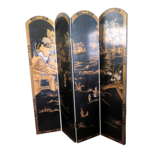 Early 20th Century Coromandel Black Lacquer Chinese 4 Panel Screen