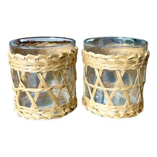 Pair of Wicker-Wrapped Glass Votive Candle Holders – Coastal, French Riviera & Palm Beach Style (7 Sets Available) For Sale