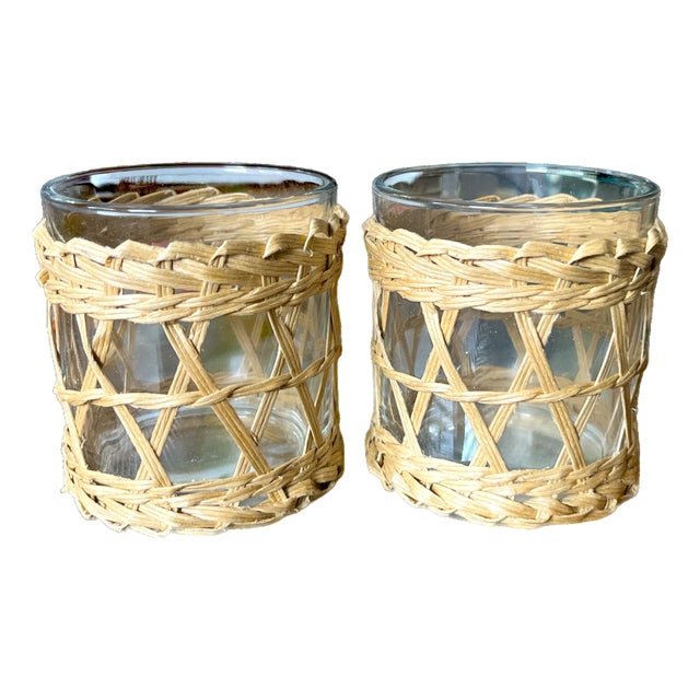Pair of Wicker-Wrapped Glass Votive Candle Holders – Coastal, French Riviera & Palm Beach Style (7 Sets Available) For Sale