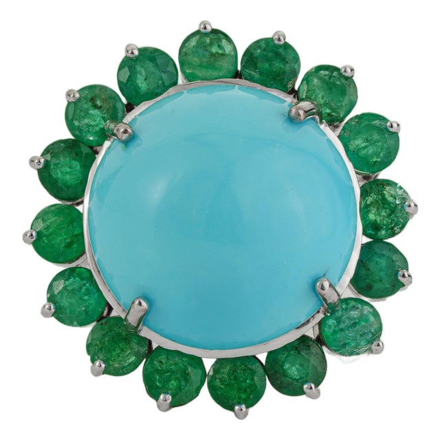 6.13ct Cabochon Turquoise & Emerald Halo Cocktail Ring in 14k White Gold Size 5 For Sale