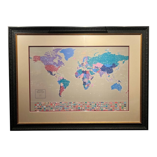 Large Custom-Framed Rand McNally Millennium World Map, 1994 – Linen Mat, Ebonized Frame, Educational Statement Wall Art For Sale