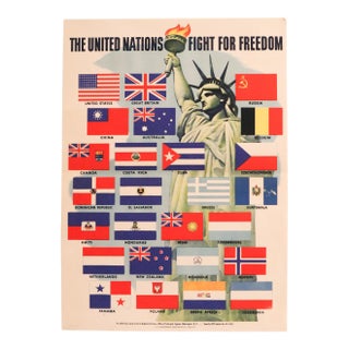 1942 American Propaganda Poster, the United Nations Fight for Freedom (Lady Liberty + Flags) For Sale