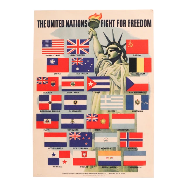 1942 American Propaganda Poster, the United Nations Fight for Freedom (Lady Liberty + Flags) For Sale