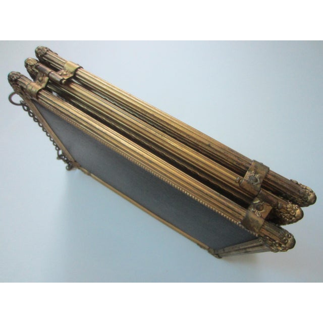 Yellow Art Deco Triptych Bronze Pictorial Beveled Boudoir Folding Mirror For Sale - Image 8 of 13