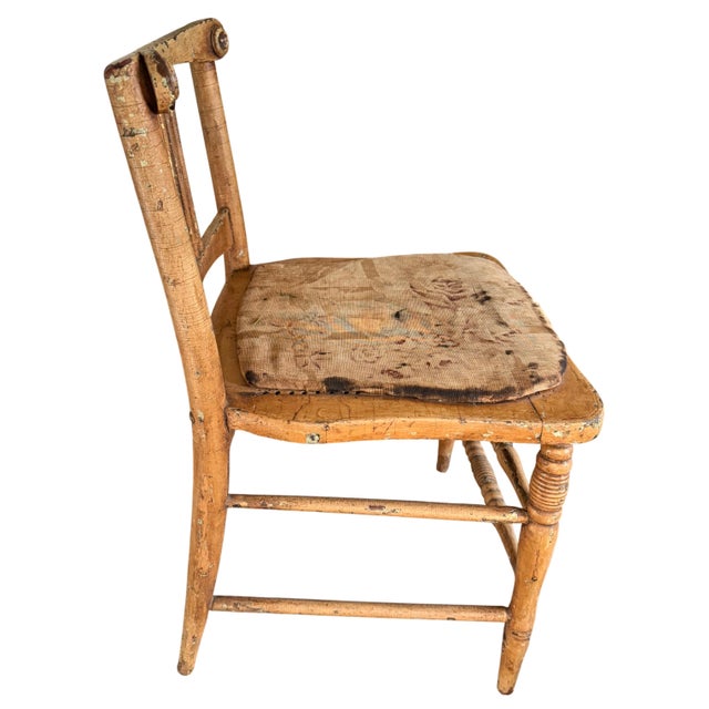 Antique Exquisite Spindle Back Chair with Linen Seat and remarkable Painted Natural Aged Patina A delightful antique...