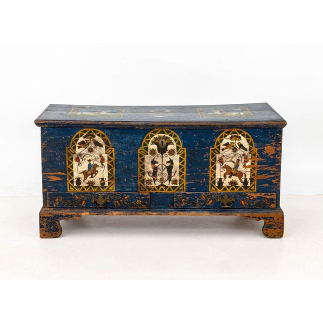 American Polychrome Painted Wood Blanket Chest, circa 1800, with American sigil, soldier and equestrian vignettes to the...