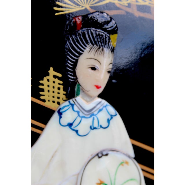 Vintage Chinese Black Lacquer Mother-of-Pearl Inlay Wall Panels - Set of 4 Chinoiserie Scenic Figures & Pagoda Landscape Art For Sale - Image 14 of 18
