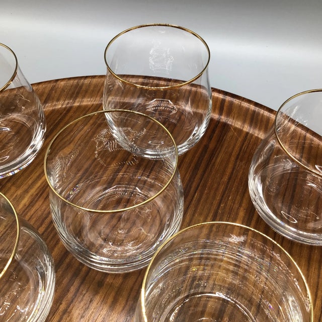 Bohemian Crystalex Geneve Old Fashion Gold Rim Whiskey/Scotch/Bourbon Glasses With Pressed Teak Tray-Set of 13 For Sale - Image 9 of 13