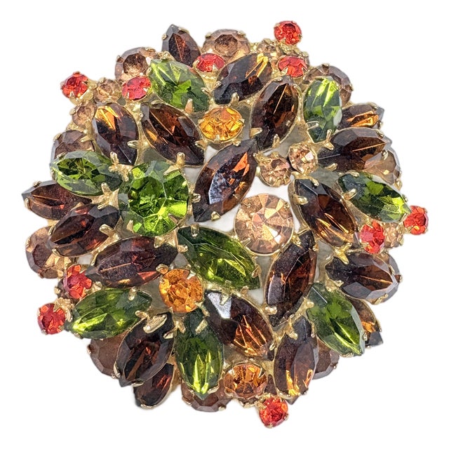 Large Vintage Juliana D&e Fall Navette Rhinestone Brooch Olivine Amber For Sale