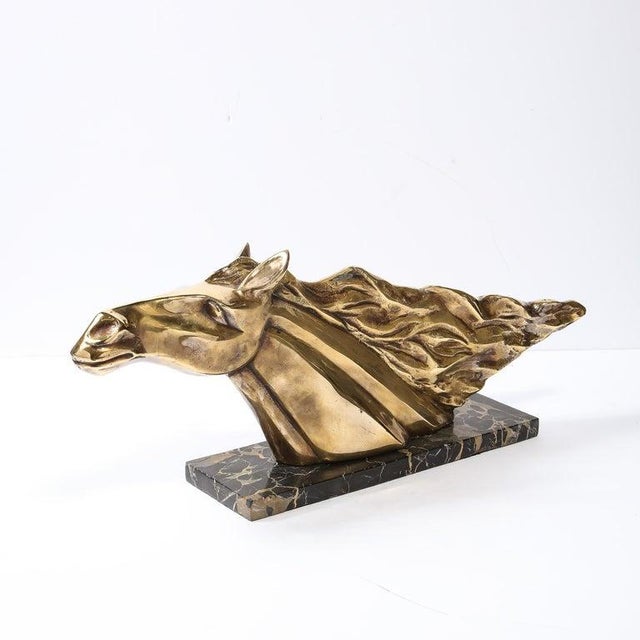 Art Deco Stylized Stallion Sculpture in Brass on Black Portoro Marble Base For Sale - Image 9 of 12