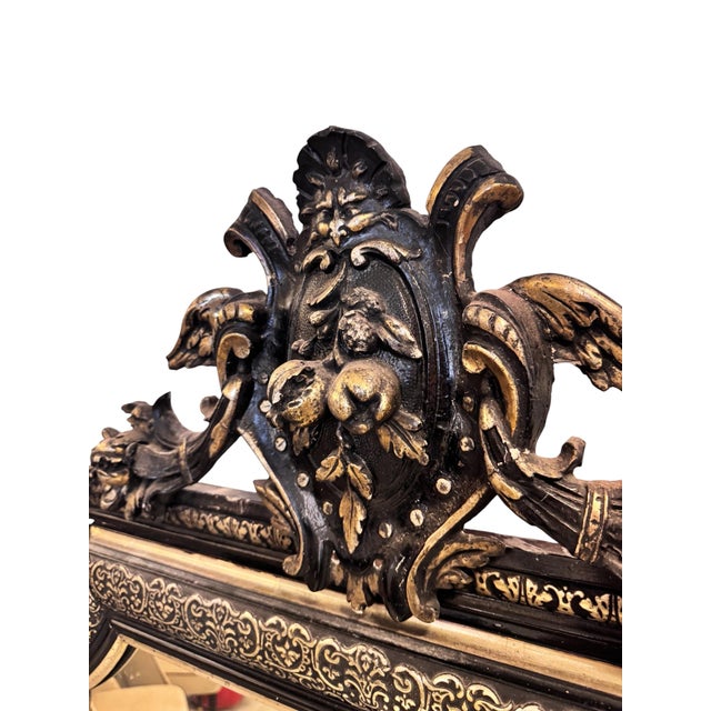 Antique Victorian Gothic Mirror with Silver Leaf Inlay over Black Gesso Frame, 1850 For Sale - Image 10 of 12