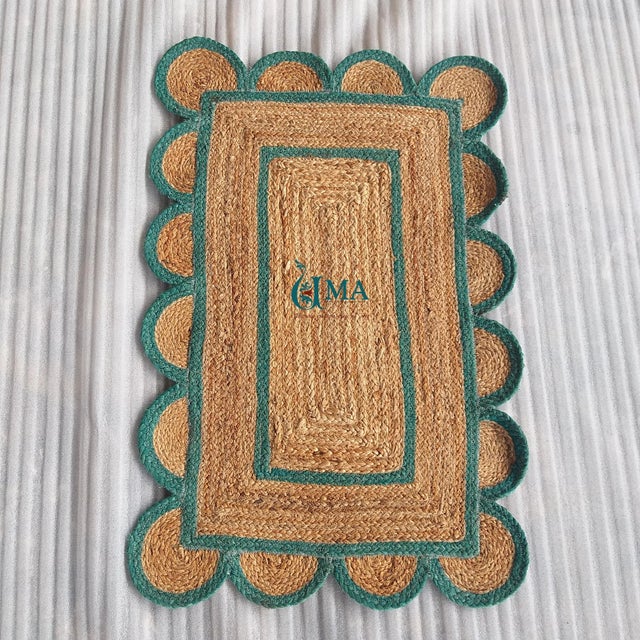 Green Outlined Scalloped Jute Doormat For Sale - Image 12 of 12