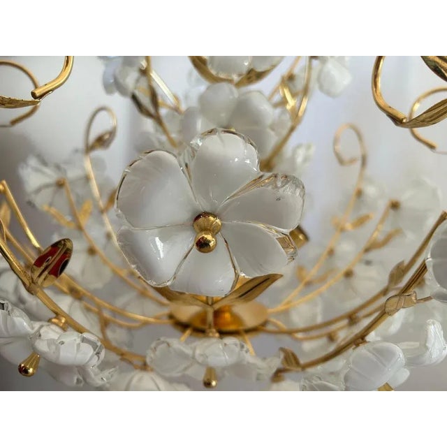 Gold Dew and Gold Murano White Flowers Chandelier, 1980s For Sale - Image 8 of 15