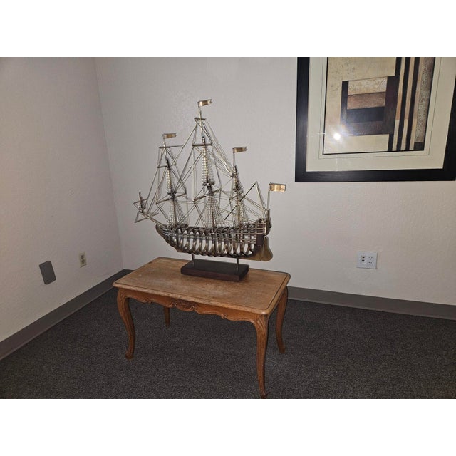 Wood Brass Tall Ship Sculpture on Wooden Stand, Signed & Dated “C. Jere ’80” For Sale - Image 7 of 18
