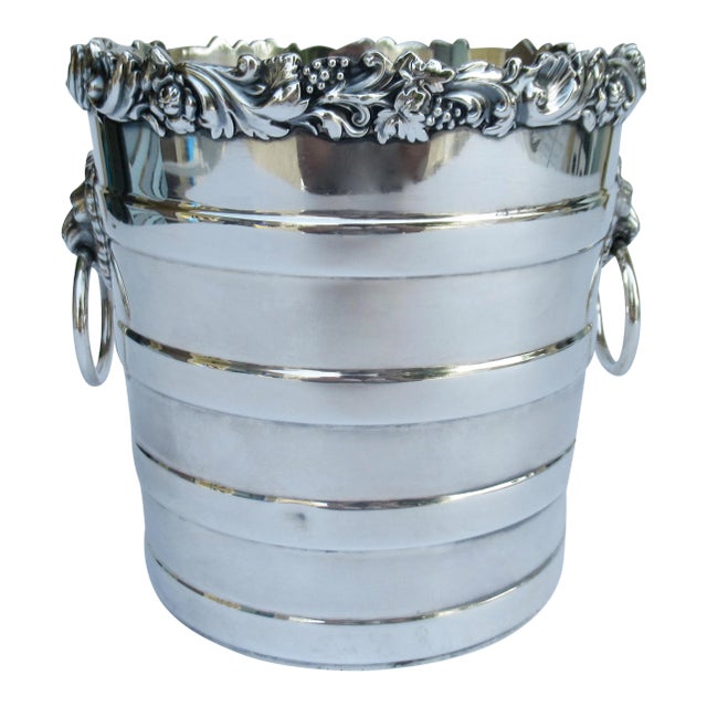 C.1910's-C.1940's English Barker-Ellis Silver-Plate Over Copper Ice Bucket With Lion Heads, Insert & Tongs -3 Pieces For Sale
