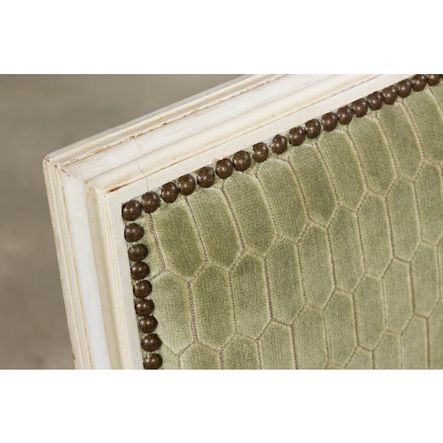 Wood Antique French Louis XVI Style Painted Side Chairs W/ Green Geometric Velvet – A Pair For Sale - Image 7 of 18