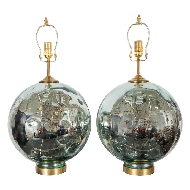Silver Vintage Pair of Blue-Tinted Spherical Mercury Glass Lamps For Sale - Image 8 of 8