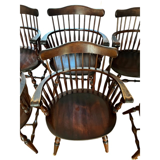Brown Set of 6 Vintage Bent Brothers Solid Maple Sack-Back Windsor Captain's Dining Chairs, Circa 1940s For Sale - Image 8 of 17