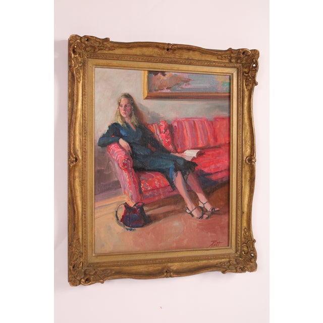 Interior scene painting of a blonde girl sitting on a red sofa by Donald Putt Putman (1926-2007), Oil on canvas board....