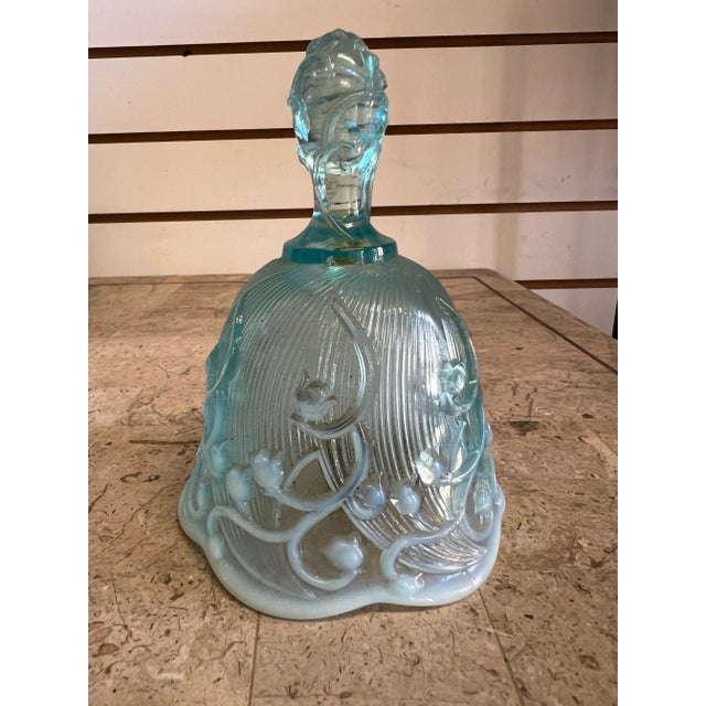 Fenton Art Glass Lily of the Valley Blue Opalescent Bell Made In USA. This is a vintage Fenton glass bell from the late...