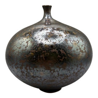 Mid 20th Century Gun Metal Black Metallic Ceramic Pottery Weed Vase After Doyle Lane For Sale
