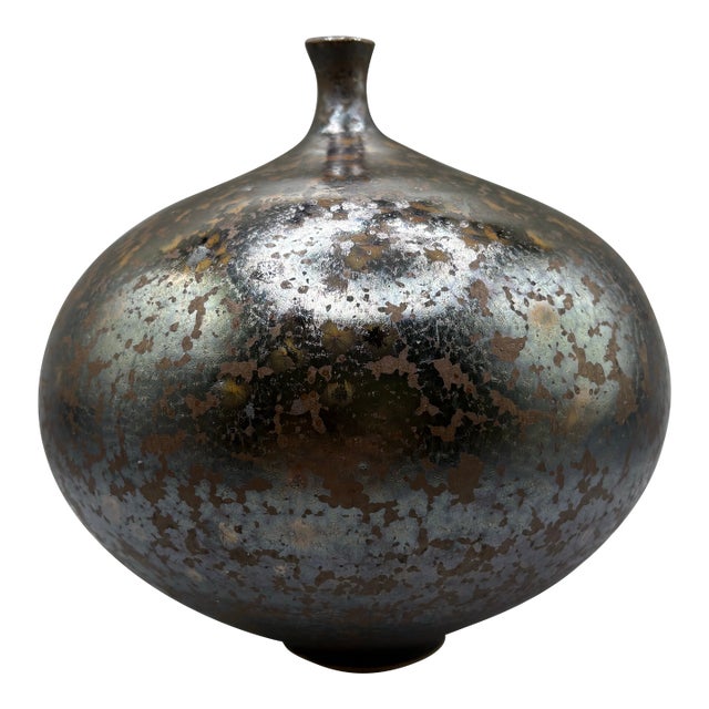 Mid 20th Century Gun Metal Black Metallic Ceramic Pottery Weed Vase After Doyle Lane For Sale