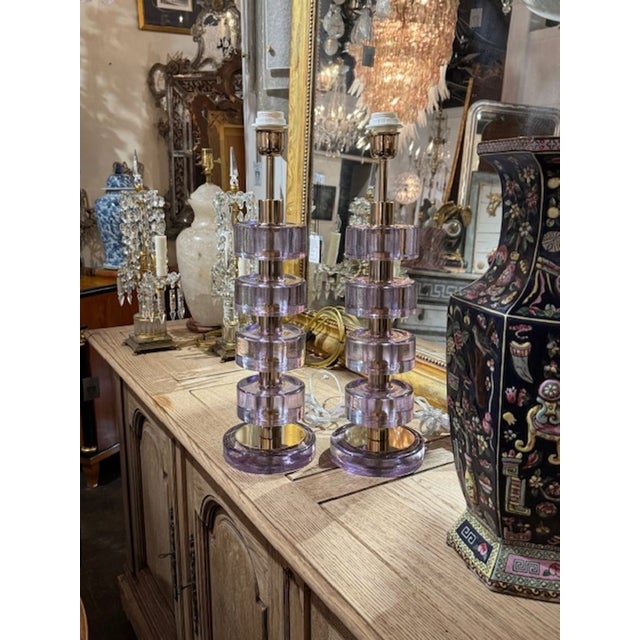 Pair of modern Murano glass and brass disc form lamps in lavender. A favorite of top designers! 21W x 6.5W