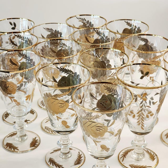 1960s Set of 14 24k Gold Encrusted Crystal Claret Wine Glasses For Sale - Image 9 of 13