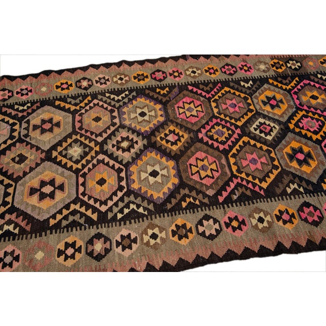 Brown Vintage Kilim Brown Handmade Flatweave Geometric Motif Wool Runner For Sale - Image 8 of 11