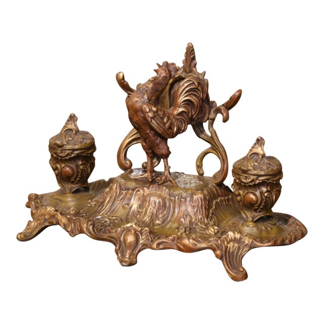 19th Century French Gilt Spelter Inkwell With Rooster Sculpture Signed A. Bossu For Sale