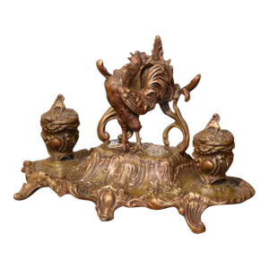 19th Century French Gilt Spelter Inkwell With Rooster Sculpture Signed A. Bossu