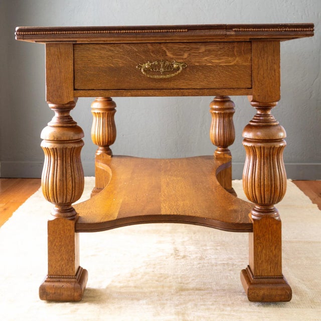 Wood 19th Century Jacobean Revival Tiger Oak Library Table or Center Table With Drawers For Sale - Image 7 of 18