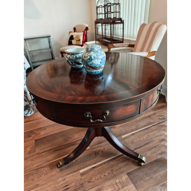 Brown Luxury Baker Furniture Regency Mahogany Drum Table With Brass Casters For Sale - Image 8 of 9