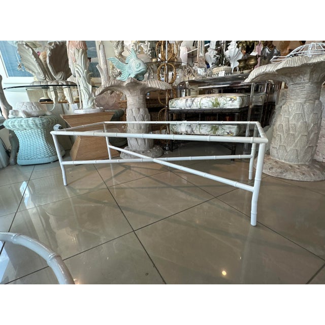 Vintage Faux Bamboo Patio Outdoor Metal Newly Powder-Coated White Coffee Cocktail Table For Sale In West Palm - Image 6 of 12