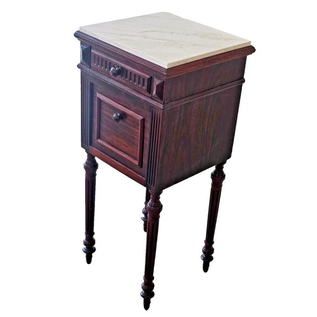 Brown Antique French 1920s Marble Top Nightstand Mahogany Bedside Cabinet For Sale - Image 8 of 18