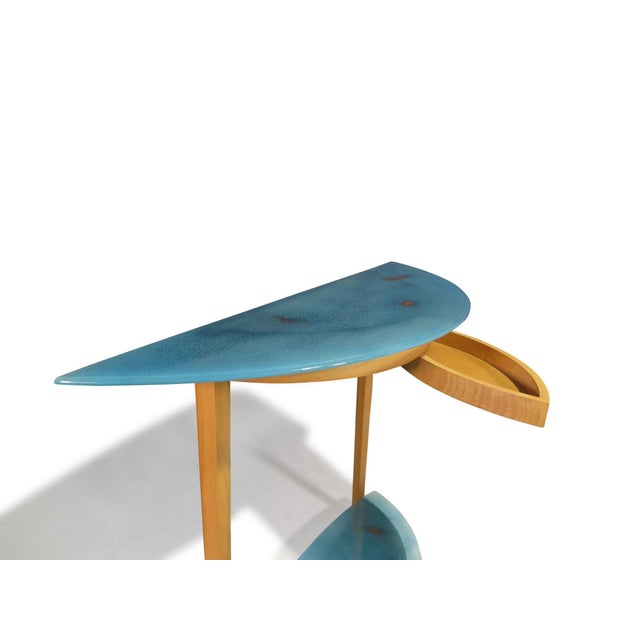 Wood Mid 20th Century Beech Entryway Console Table With Turquoise Art Glass With Copper Infusions For Sale - Image 7 of 10