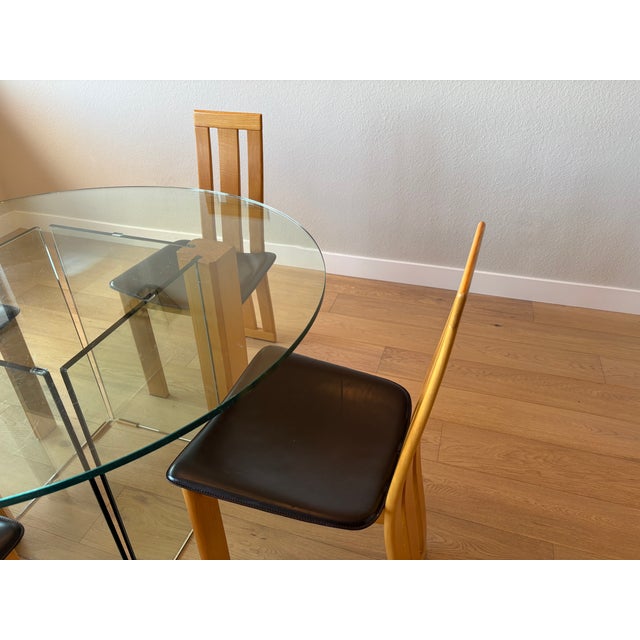 1980s Vintage Italian Glass Table With a Set of 4 Wood and Brown Leather Chairs in the Style of Pietro Costantini For Sale - Image 17 of 18