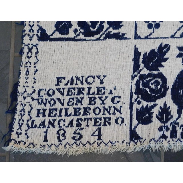 Textile 19th Century George Heilbronn Blue Jacquard Coverlet Dated 1854 Lancaster Ohio For Sale - Image 7 of 12