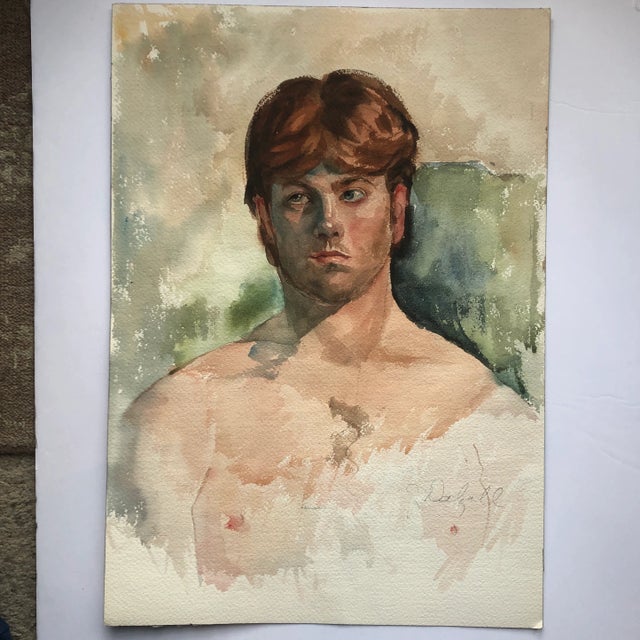 Paper Original Vintage Double Sided Male/Female Portrait Watercolor Painting Signed For Sale - Image 7 of 7